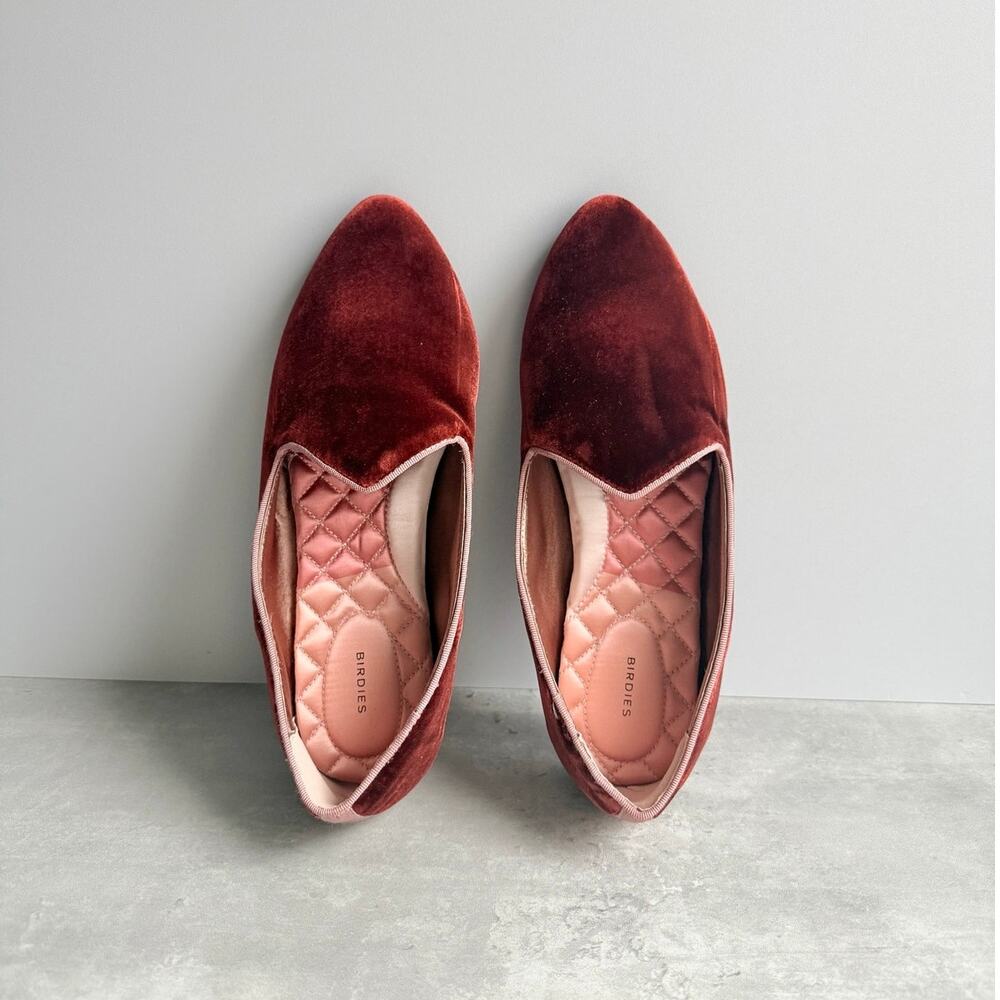 Birdies Heritage The Heron Velvet Flat Loafers Size 8.5 Cinnamon Red Sangria EUC
